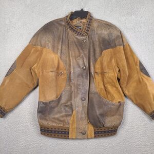Vintage Pelle Jacket Mens Large Brown Leather Colonial Script Button‎ Up
